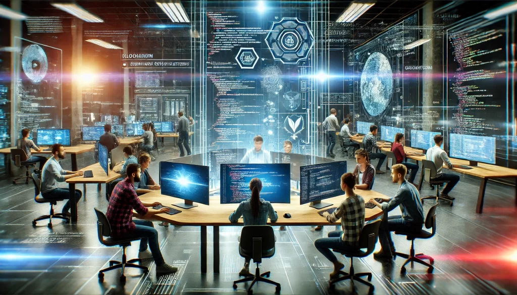 A dynamic and futuristic software development workspace with team members collaborating over code on screens