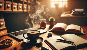 A visually stimulating image of a steaming cup of coffee on a wooden desk surrounded by open notebooks and a laptop, symbolizing productivity and focus